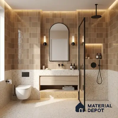 Modern bathroom walkthrough with beige glossy subway wall tiles and terrazzo floor and wall tiles