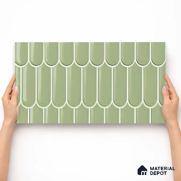 Faux Subway Wall Tile TL 11281 Sage Scallop 2 ft x 1 ft Ceramic Glossy Finish Tile - 9 mm | Suitable For Bathroom, Dining Area, Kitchen Backsplash