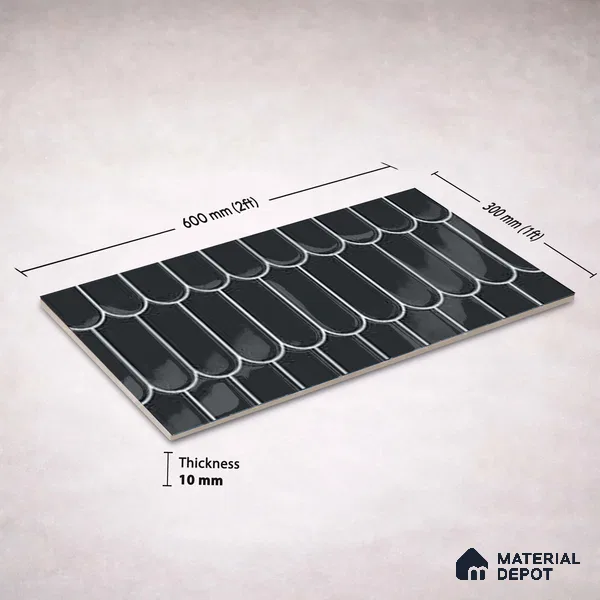 Faux Subway Wall Tile TL 11276 Midnight Scallop 2 ft x 1 ft Ceramic Glossy Finish Tile - 9 mm | Suitable For Bathroom, Kitchen Backsplash