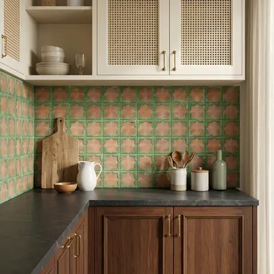 Mediterranean kitchen walkthrough with green and terracotta star patterned backsplash tile and walnut wood cabinets