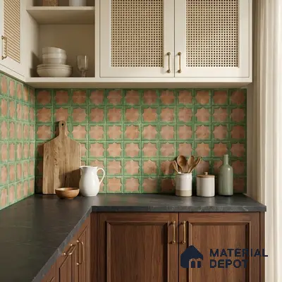Mediterranean kitchen walkthrough with green and terracotta star patterned backsplash tile and walnut wood cabinets