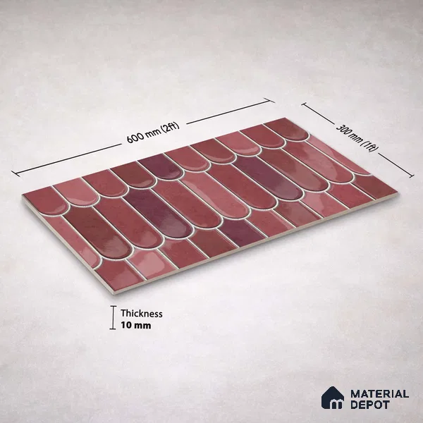 Faux Subway Wall Tile TL 11682 E Berry Scallop 2 ft x 1 ft Ceramic Glossy Finish Tile - 9 mm | Suitable For Bathroom, Balcony & Kitchen Backsplash (Sample)