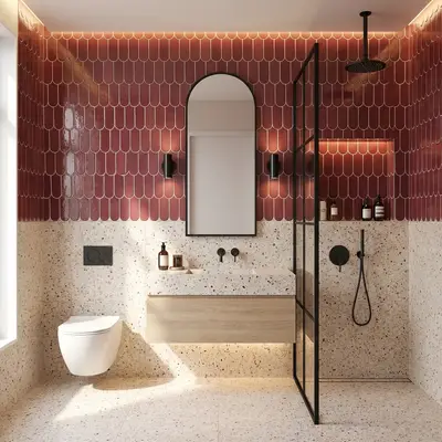 Modern kitchen walkthrough with blush pink and terracotta laminate, cream quartz countertop, and scallop pink backsplash tile