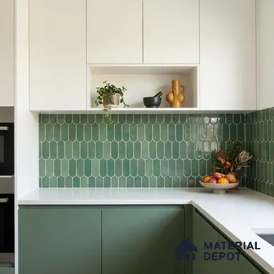 Modern kitchen walkthrough with sage green laminate cabinets, white laminate overheads, and scallop green backsplash tile