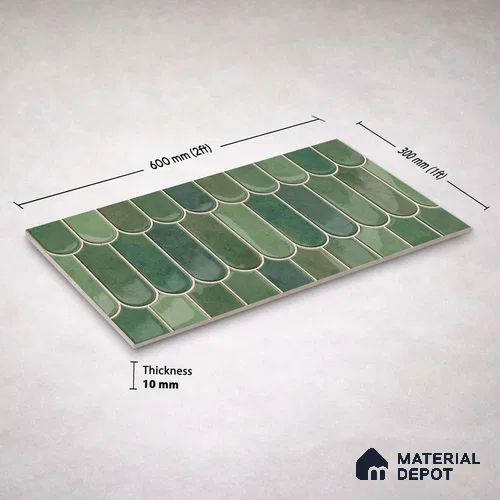 Faux Subway Wall Tile TL 11682 G Verdant Scallop 2 ft x 1 ft Ceramic Glossy Finish Tile - 9 mm | Suitable For Bathroom, Dining Area, Kitchen Backsplash