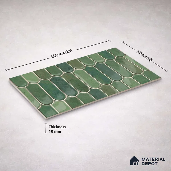 Faux Subway Wall Tile TL 11682 G Verdant Scallop 2 ft x 1 ft Ceramic Glossy Finish Tile - 9 mm | Suitable For Bathroom, Balcony & Kitchen Backsplash