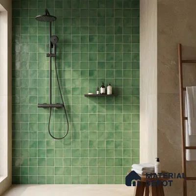 Minimalist bathroom walkthrough with green square wall tiles and beige stone-look floor tiles