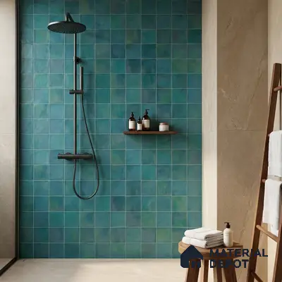 Modern bathroom walkthrough with teal green square wall tiles and terrazzo floor tiles