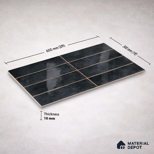 Faux Subway Wall Tile TL 11231 Forge Slate 2 ft x 1 ft Ceramic Glossy Finish Tile - 9 mm | Suitable For Bathroom, Dining Area, Kitchen Backsplash