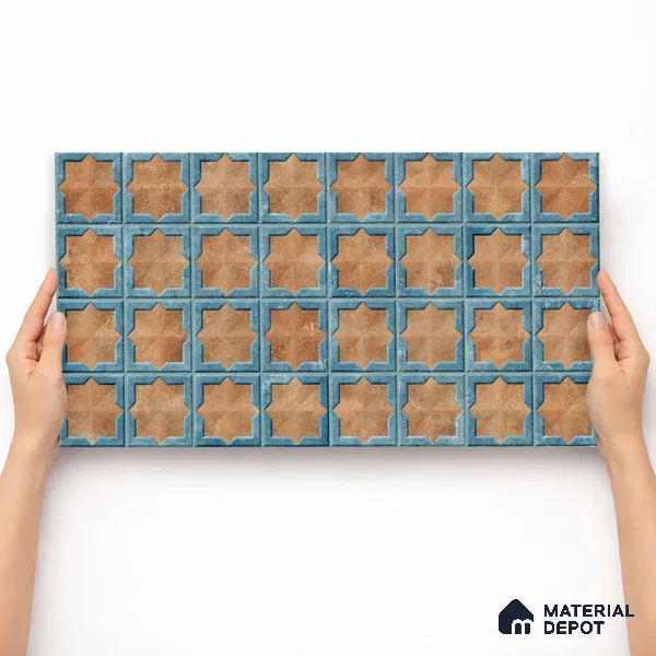 Patterned Wall Tile TL 11274 Azure Starburst 2 ft x 1 ft Ceramic Granulla Finish Tile - 9 mm | Suitable For Bathroom, Balcony & Kitchen Backsplash