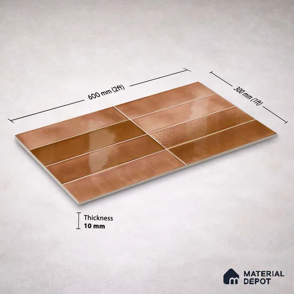 Faux Subway Wall Tile TL 11226 Copper Drift 2 ft x 1 ft Ceramic Glossy Finish Tile - 9 mm | Suitable For Bathroom, Dining Area, Kitchen Backsplash