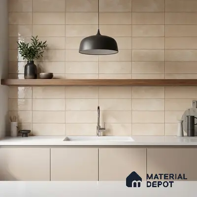 Minimalist bathroom walkthrough with beige subway wall tiles and light wood flooring