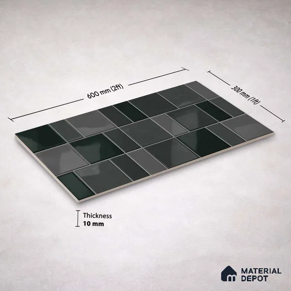 Faux Subway Wall Tile TL 11239 Graphite Matrix 2 ft x 1 ft Ceramic Glossy Finish Tile - 9 mm | Suitable For Bathroom, Basin Area, Kitchen Backsplash