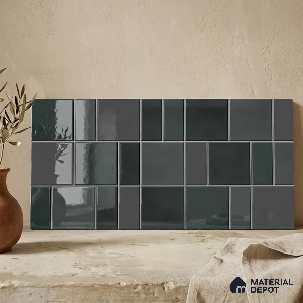 Faux Subway Wall Tile TL 11239 Graphite Matrix 2 ft x 1 ft Ceramic Glossy Finish Tile - 9 mm | Suitable For Bathroom, Basin Area, Kitchen Backsplash