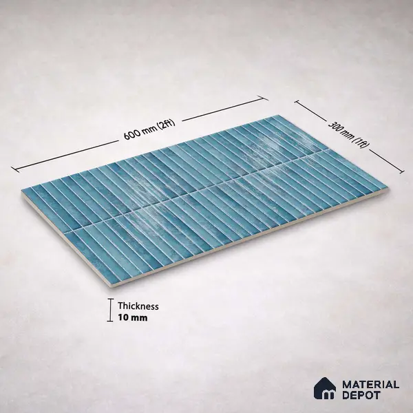 Faux Kitkat Subway Wall Tile TL 11684 C Azure Stria 2 ft x 1 ft Ceramic Glossy Finish Tile - 9 mm | Suitable For Bathroom, Balcony & Kitchen Backsplash