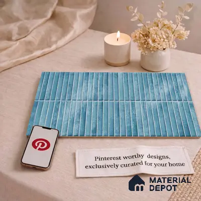 Faux Kitkat Subway Wall Tile TL 11684 C Azure Stria 2 ft x 1 ft Ceramic Glossy Finish Tile - 9 mm | Suitable For Bathroom, Balcony & Kitchen Backsplash