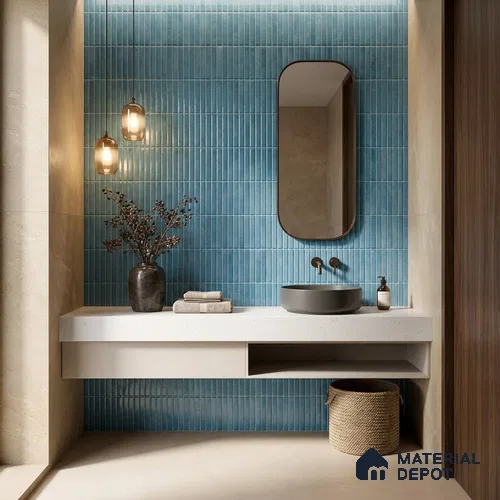 Faux Kitkat Subway Wall Tile TL 11684 C Azure Stria 2 ft x 1 ft Ceramic Glossy Finish Tile - 9 mm | Suitable For Bathroom, Dining Area, Kitchen Backsplash