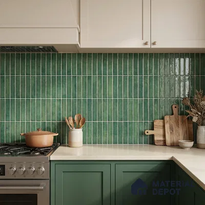 Modern bathroom walkthrough with green kitkat wall tiles, white quartz countertop, and wood laminate accent