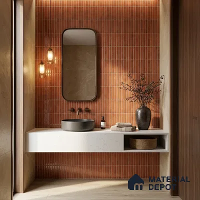 Modern kitchen walkthrough with terracotta kitkat wall tiles and matte beige laminate cabinets