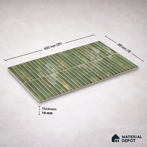 Faux Kitkat Subway Wall Tile TL 11684 H Verdant Stria 2 ft x 1 ft Ceramic Glossy Finish Tile - 9 mm | Suitable For Bathroom, Dining Area, Kitchen Backsplash