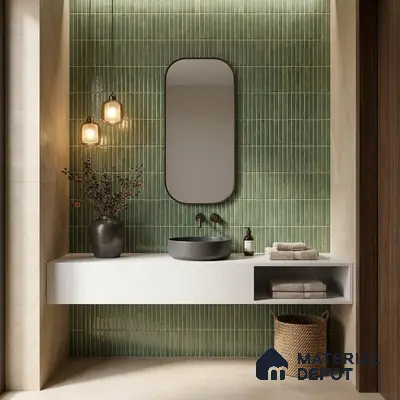 Modern bathroom walkthrough with green kitkat wall tiles and white quartz floating vanity