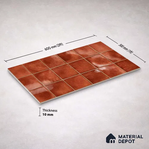 Faux Subway Wall Tile TL 11259 Sienna Ember 2 ft x 1 ft Ceramic Glossy Finish Tile - 9 mm | Suitable For Bathroom, Balcony & Kitchen Backsplash