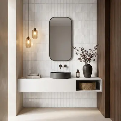 Minimalist kitchen walkthrough with frosty white laminate cabinets and vertical white subway backsplash tile