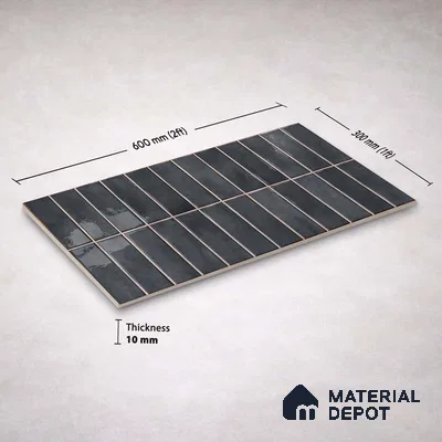 Faux Subway Wall Tile TL 11681 B Graphite Ridge 2 ft x 1 ft Ceramic Glossy Finish Tile - 9 mm | Suitable For Bathroom, Dining Area, Kitchen Backsplash