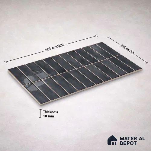 Faux Subway Wall Tile TL 11681 B Graphite Ridge 2 ft x 1 ft Ceramic Glossy Finish Tile - 9 mm | Suitable For Bathroom, Balcony & Kitchen Backsplash