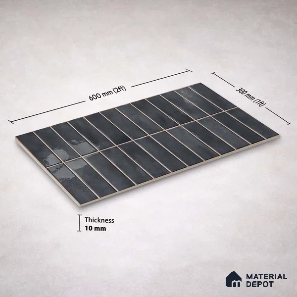 Faux Subway Wall Tile TL 11681 B Graphite Ridge 2 ft x 1 ft Ceramic Glossy Finish Tile - 9 mm | Suitable For Bathroom, Dining Area, Kitchen Backsplash