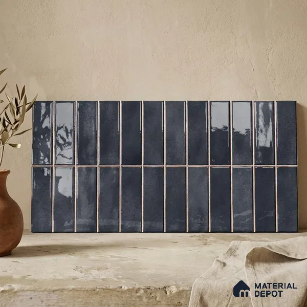 Faux Subway Wall Tile TL 11681 B Graphite Ridge 2 ft x 1 ft Ceramic Glossy Finish Tile - 9 mm | Suitable For Bathroom, Dining Area, Kitchen Backsplash