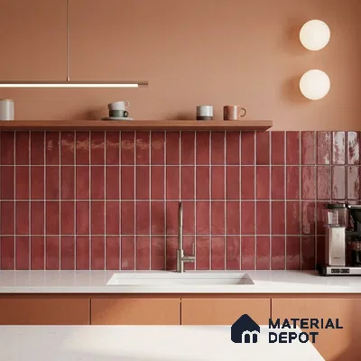 Modern bathroom walkthrough with glossy terracotta vertical subway wall tiles and light wood floor tile