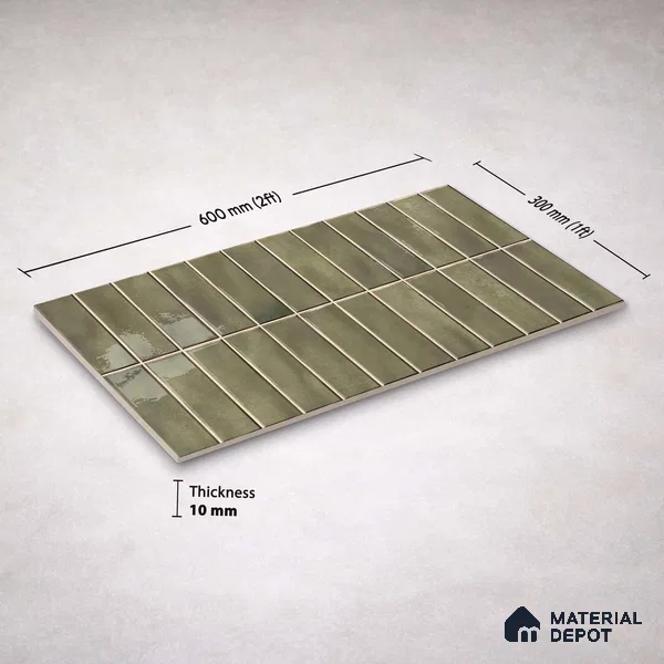 Faux Subway Wall Tile TL 11681 H Olive Linear 2 ft x 1 ft Ceramic Glossy Finish Tile - 9 mm | Suitable For Bathroom, Dining Area, Kitchen Backsplash