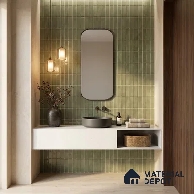Faux Subway Wall Tile TL 11681 H Olive Linear 2 ft x 1 ft Ceramic Glossy Finish Tile - 9 mm | Suitable For Bathroom, Dining Area, Kitchen Backsplash