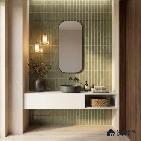 Faux Subway Wall Tile TL 11681 H Olive Linear 2 ft x 1 ft Ceramic Glossy Finish Tile - 9 mm | Suitable For Bathroom, Dining Area, Kitchen Backsplash