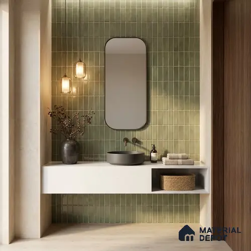 Faux Subway Wall Tile TL 11681 H Olive Linear 2 ft x 1 ft Ceramic Glossy Finish Tile - 9 mm | Suitable For Bathroom, Balcony & Kitchen Backsplash