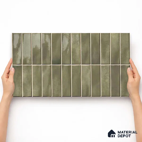Faux Subway Wall Tile TL 11681 H Olive Linear 2 ft x 1 ft Ceramic Glossy Finish Tile - 9 mm | Suitable For Bathroom, Dining Area, Kitchen Backsplash
