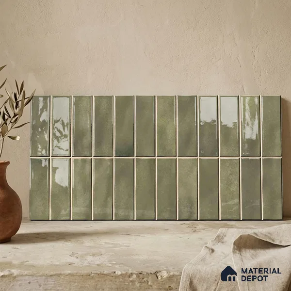 Faux Subway Wall Tile TL 11681 H Olive Linear 2 ft x 1 ft Ceramic Glossy Finish Tile - 9 mm | Suitable For Bathroom, Dining Area, Kitchen Backsplash