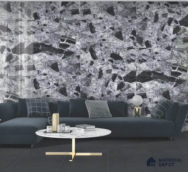 Marble Floor & Wall Tile TL 10868 Gran Noir Black 4 ft x 2 ft High Gloss Finish Vitrified Tile - 9 mm | 5 Random Designs | Suitable for Living Room, Bedroom & Kitchen