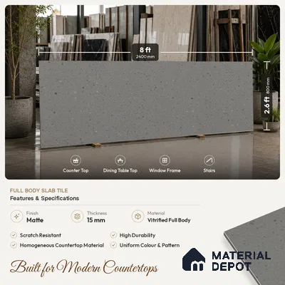 Terrazzo Counter Top Slab TL 11894 Oro Grey Matte 8 ft x 2.62 ft Matte Full Body Vitrified Tile - 15 mm | Suitable For Counter Top, Dining Table Top & Window Frame