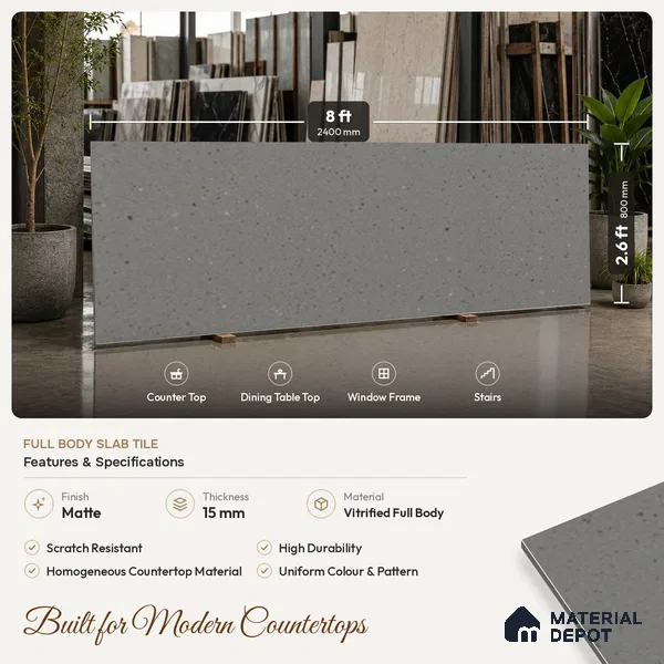 Terrazzo Counter Top Slab TL 11894 Oro Grey Matte 8 ft x 2.62 ft Matte Full Body Vitrified Tile - 15 mm | Suitable For Counter Top, Dining Table Top & Window Frame