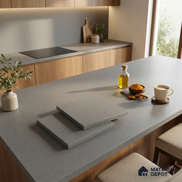 Terrazzo Counter Top Slab TL 11894 Oro Grey Matte 8 ft x 2.62 ft Matte Full Body Vitrified Tile - 15 mm | Suitable For Counter Top, Dining Table Top & Window Frame