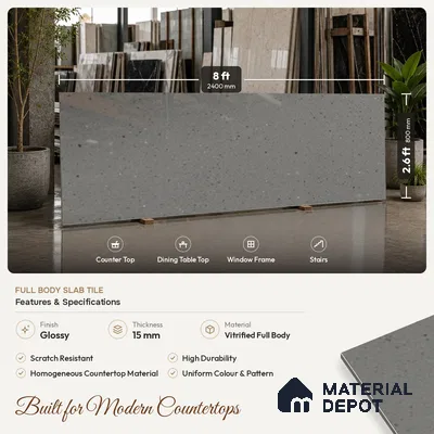 Terrazzo Counter Top Slab TL 11894 B Oro Grey Glossy 8 ft x 2.62 ft Glossy Full Body Vitrified Tile - 15 mm | Suitable For Counter Top, Dining Table Top & Window Frame