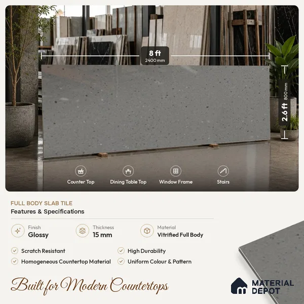 Terrazzo Counter Top Slab TL 11894 B Oro Grey Glossy 8 ft x 2.62 ft Glossy Full Body Vitrified Tile - 15 mm | Suitable For Counter Top, Dining Table Top & Window Frame