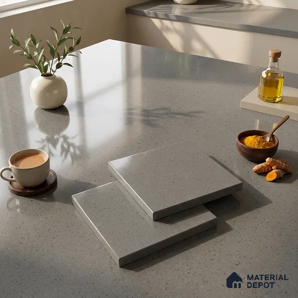Terrazzo Counter Top Slab TL 11894 B Oro Grey Glossy 8 ft x 2.62 ft Glossy Full Body Vitrified Tile - 15 mm | Suitable For Counter Top, Dining Table Top & Window Frame