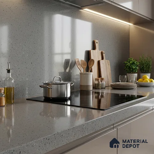 Terrazzo Counter Top Slab TL 11894 B Oro Grey Glossy 8 ft x 2.62 ft Glossy Full Body Vitrified Tile - 15 mm | Suitable For Counter Top, Dining Table Top & Window Frame