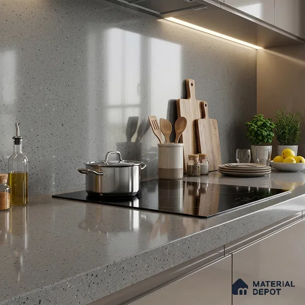 Terrazzo Counter Top Slab TL 11894 B Oro Grey Glossy 8 ft x 2.62 ft Glossy Full Body Vitrified Tile - 15 mm | Suitable For Counter Top, Dining Table Top & Window Frame