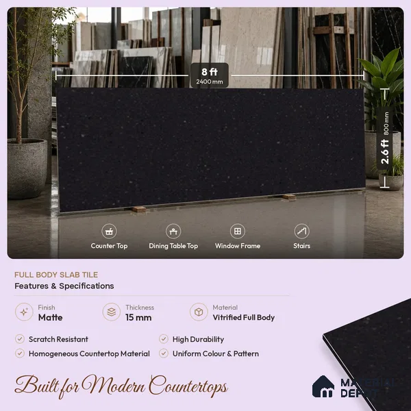 Terrazzo Counter Top Slab TL 11894 C Oro Nero Matte 8 ft x 2.62 ft Matte Full Body Vitrified Tile - 15 mm | Suitable For Counter Top, Dining Table Top & Window Frame