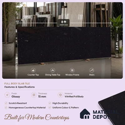 Terrazzo Counter Top Slab TL 11894 D Oro Nero Glossy 8 ft x 2.62 ft Glossy Full Body Vitrified Tile - 15 mm | Suitable For Counter Top, Dining Table Top & Window Frame