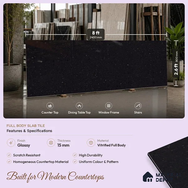 Terrazzo Counter Top Slab TL 11894 D Oro Nero Glossy 8 ft x 2.62 ft Glossy Full Body Vitrified Tile - 15 mm | Suitable For Counter Top, Dining Table Top & Window Frame